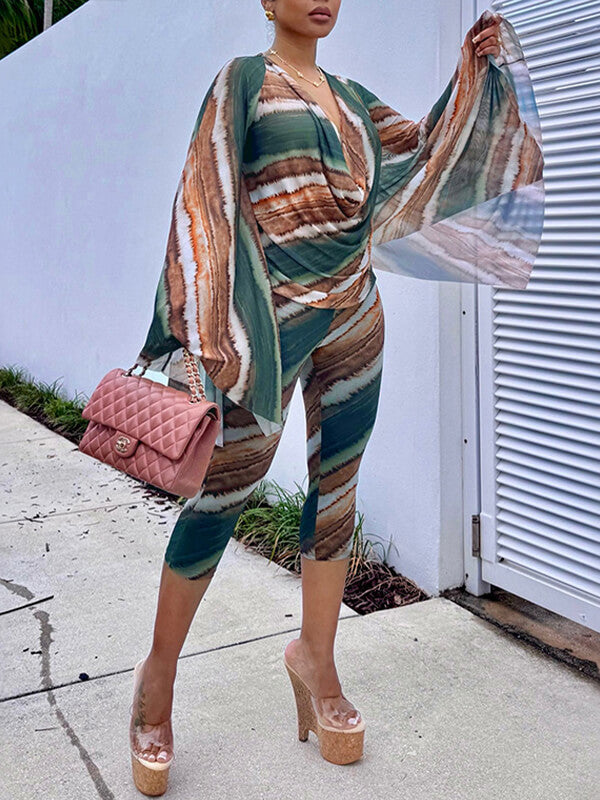 Abstract Print Draped Two Piece Set