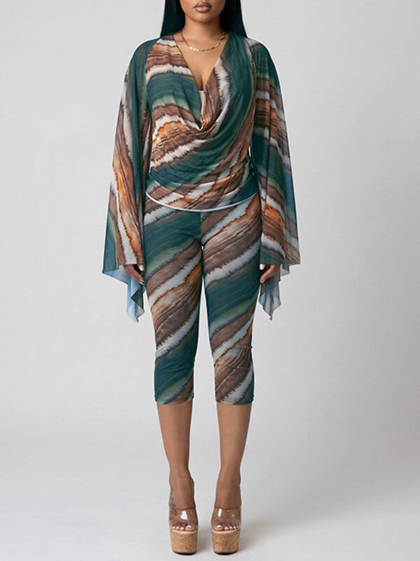 Abstract Print Draped Two Piece Set