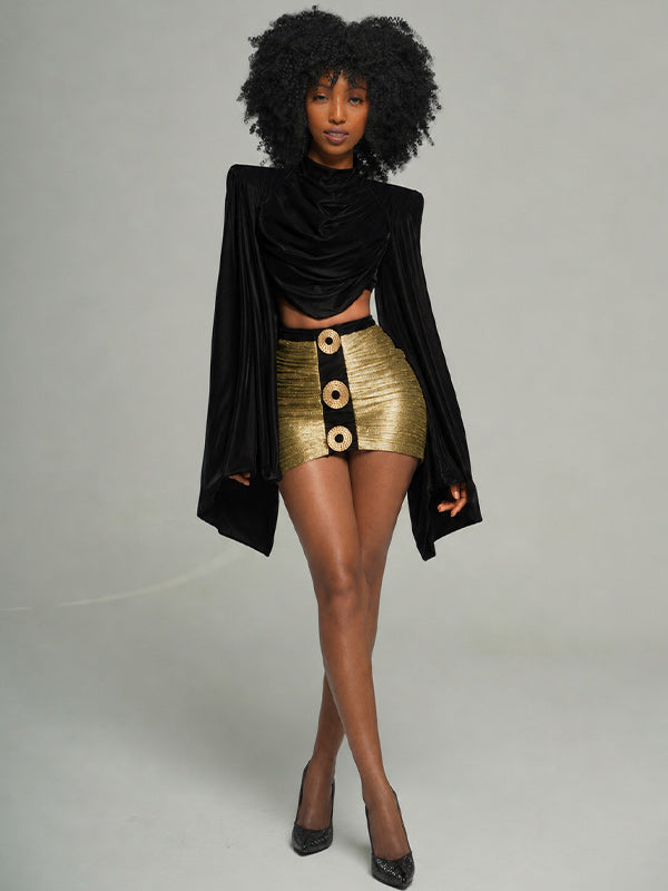 Bell-Sleeve Top & Metallic Skirt Set