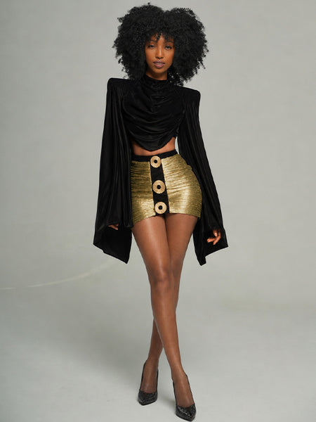 Bell-Sleeve Top & Metallic Skirt Set