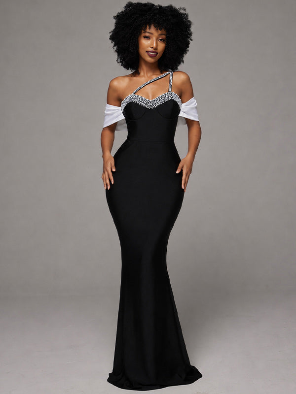 Studded One-Shoulder Slit Dress