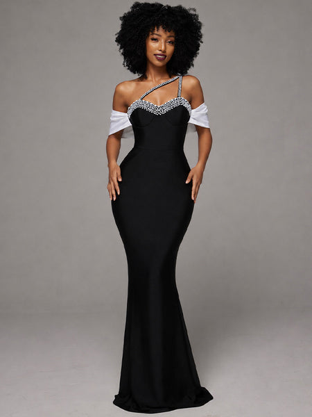 Studded One-Shoulder Slit Dress
