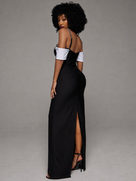 Studded One-Shoulder Slit Dress
