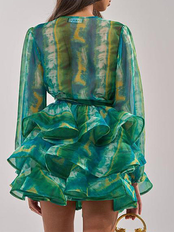 Printed V-Neck Tied Ruffle Dress