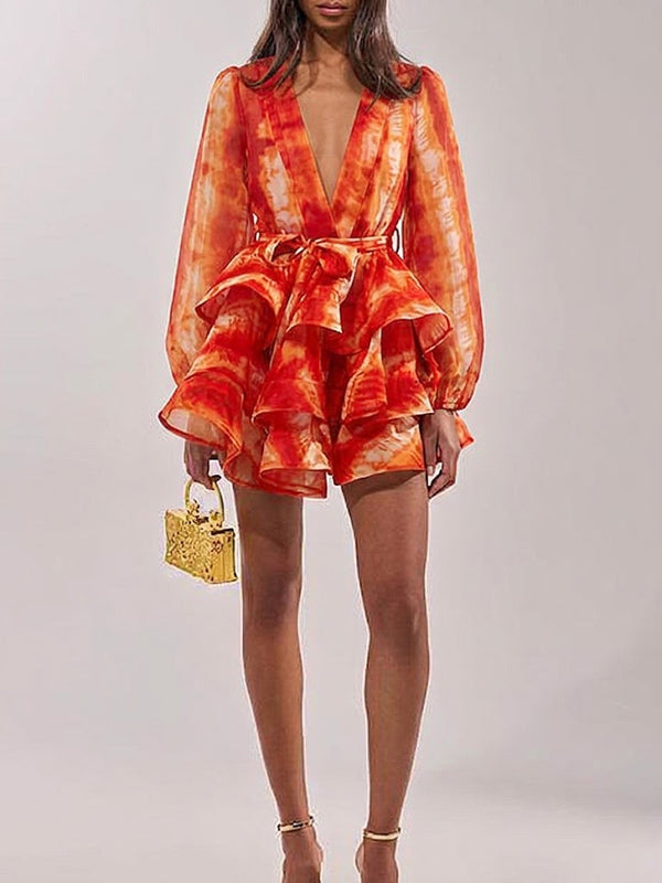 Printed V-Neck Tied Ruffle Dress