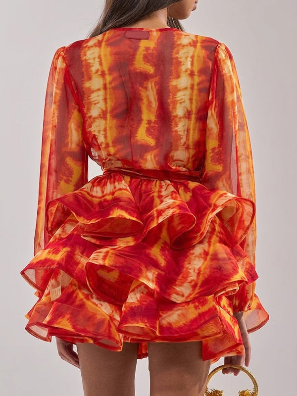 Printed V-Neck Tied Ruffle Dress