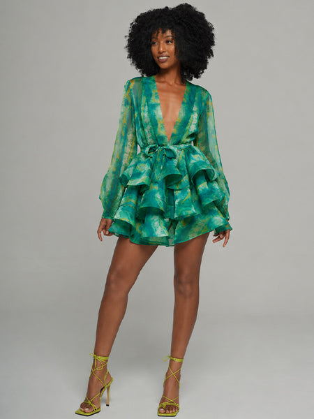 Printed V-Neck Tied Ruffle Dress