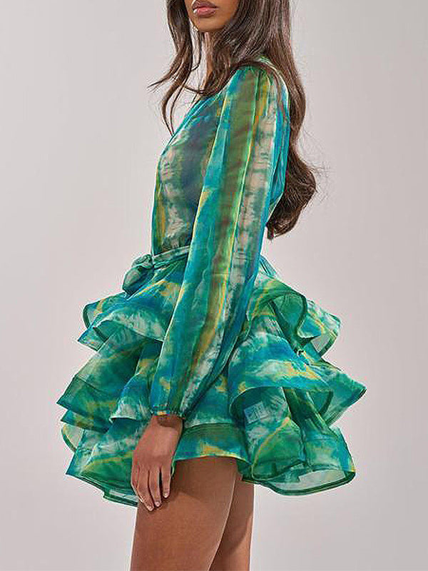 Printed V-Neck Tied Ruffle Dress