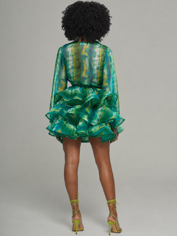 Printed V-Neck Tied Ruffle Dress