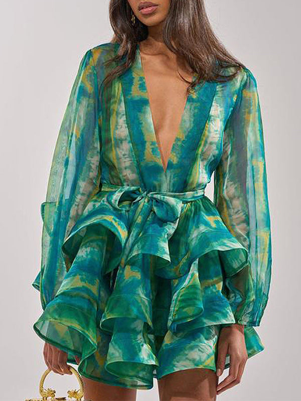 Printed V-Neck Tied Ruffle Dress