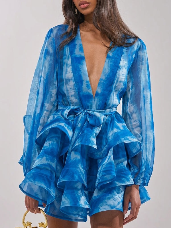 Printed V-Neck Tied Ruffle Dress