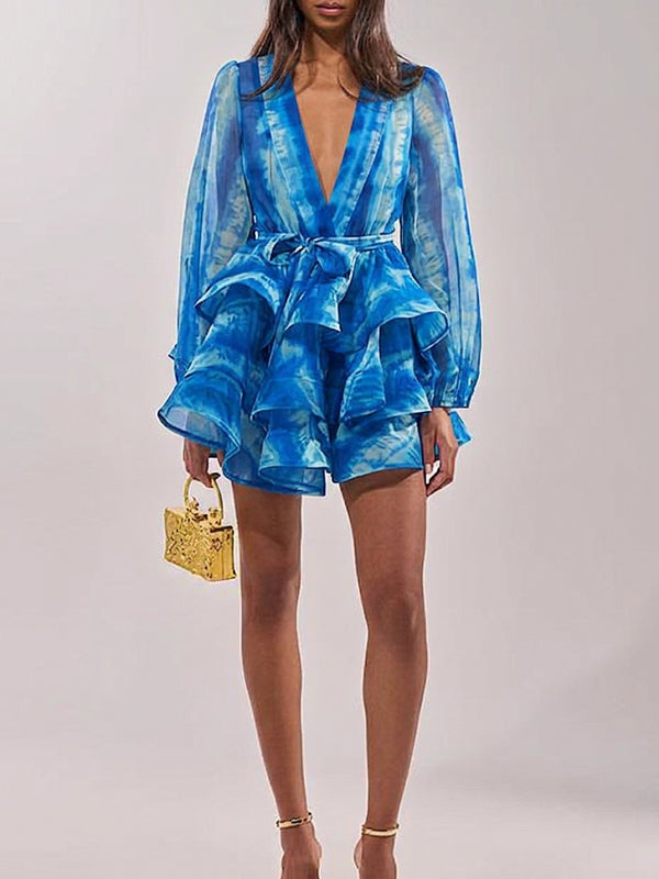Printed V-Neck Tied Ruffle Dress