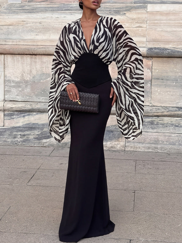 Printed-Combo V-Neck Maxi Dress