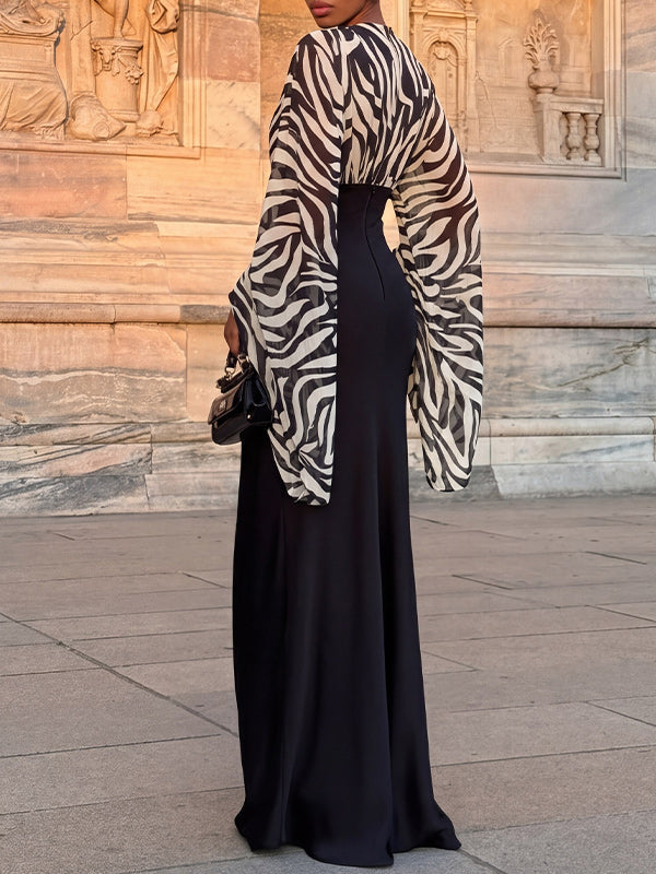 Printed-Combo V-Neck Maxi Dress
