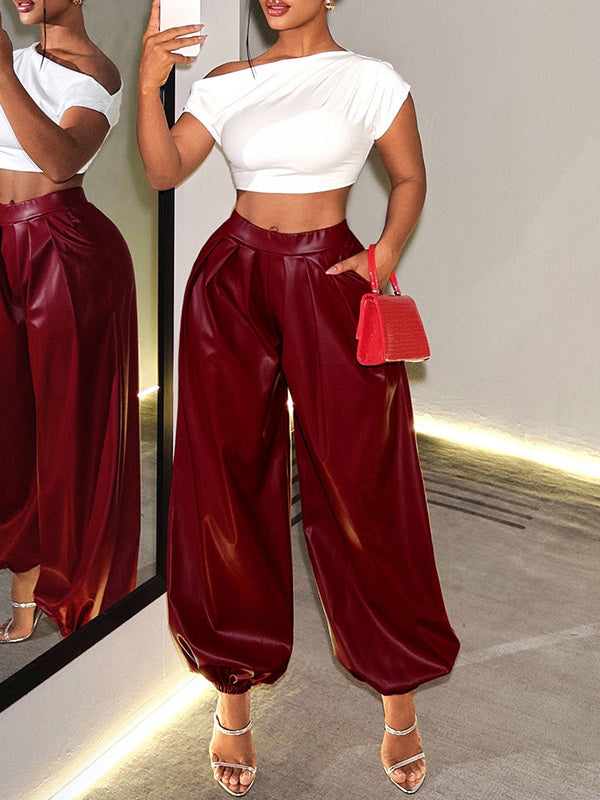 Faux-Leather Wide-Leg Jogger Pants