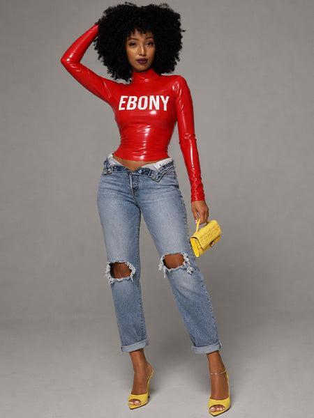 Letter-Print Faux-Leather Top