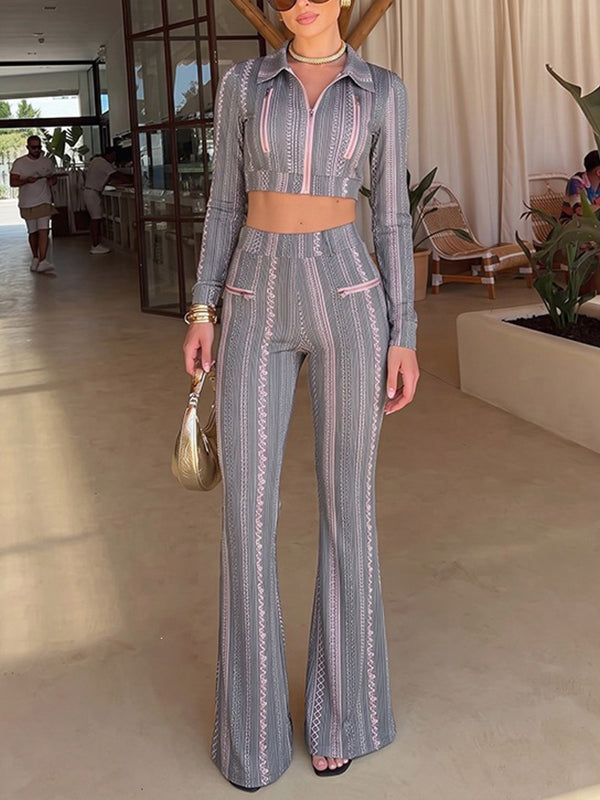 Stripe Zip-Front Jacket & Flared Pants Set