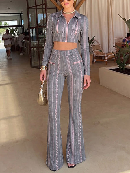 Stripe Zip-Front Jacket & Flared Pants Set