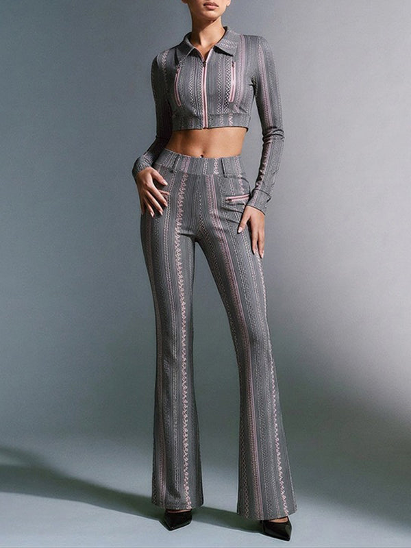 Stripe Zip-Front Jacket & Flared Pants Set