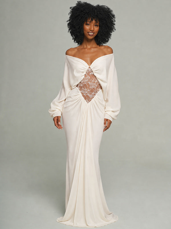 Lace-Combo Off-Shoulder Maxi Dress