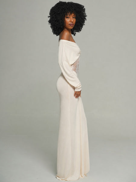 Lace-Combo Off-Shoulder Maxi Dress
