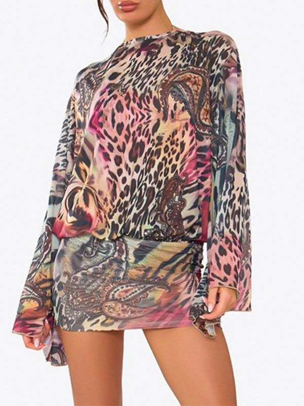 Printed Bell-Sleeve Open-Back Dress
