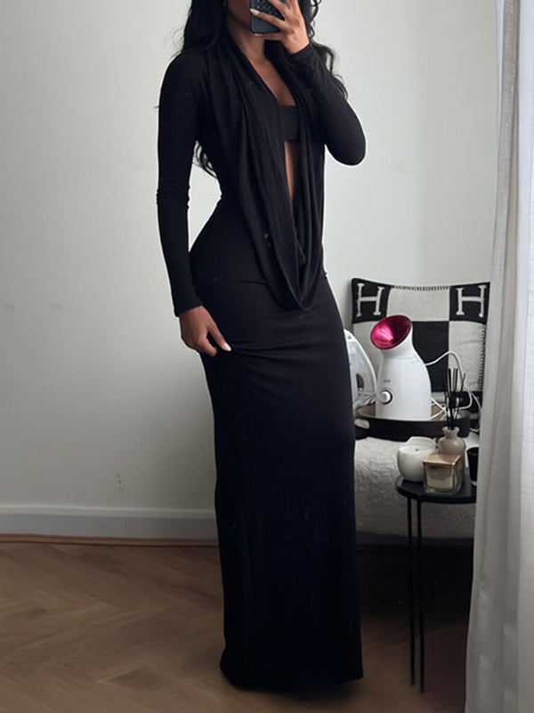 Solid Cowl-Neck Sheer Dress