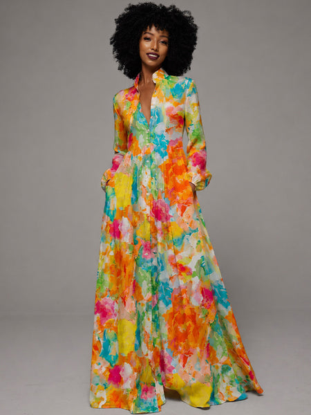 Printed Button-Front Maxi Dress