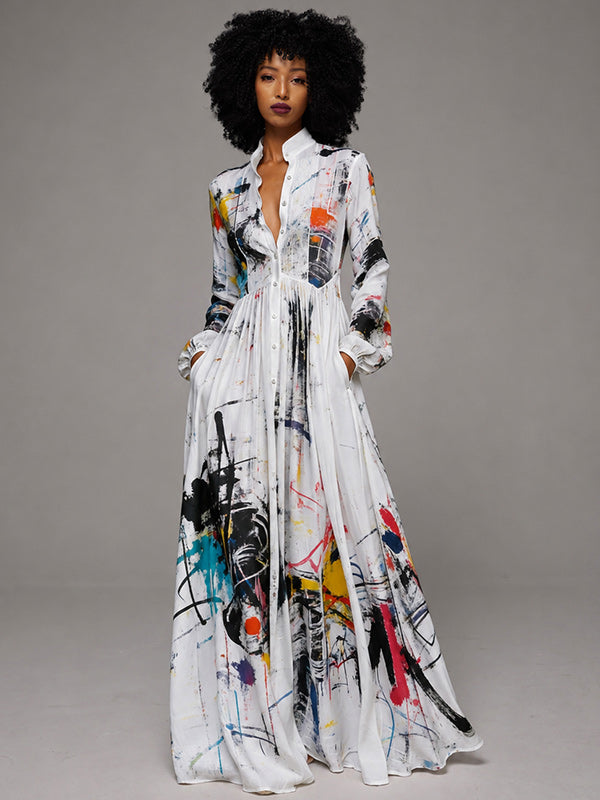 Printed Button-Front Maxi Dress
