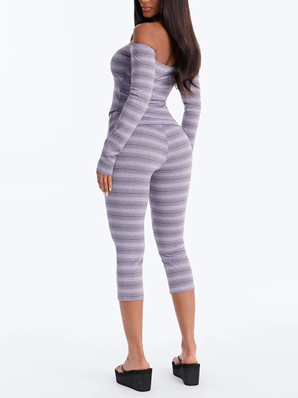 Stripe Off-Shoulder Top & Capri Pants Set