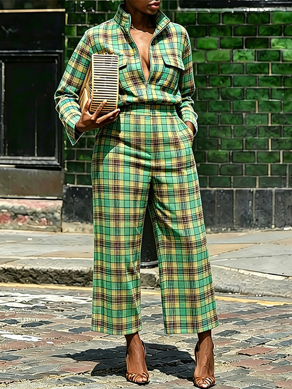 Plaid Zip-Front Jacket & Pants Set