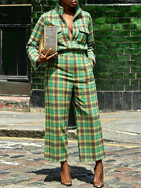 Plaid Zip-Front Jacket & Pants Set