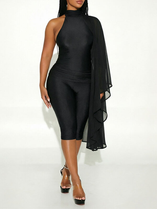 Solid Draped Capri Jumpsuit
