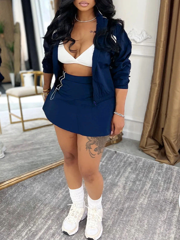 Two-Tone Zip-Front Jacket & Skirt Set