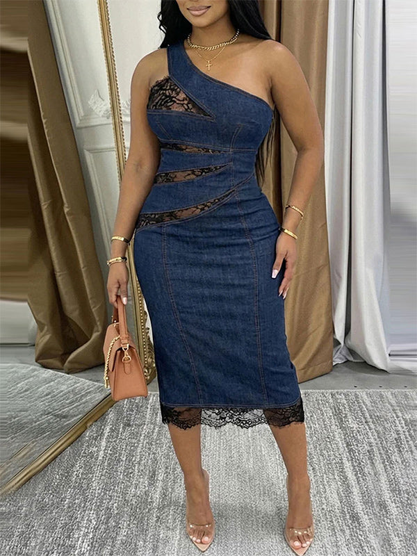 Lace-Combo One-Shoulder Denim Dress