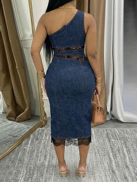 Lace-Combo One-Shoulder Denim Dress