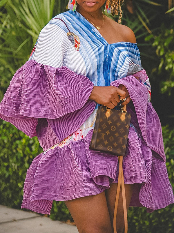 Printed V-Neck Ruffle Dress