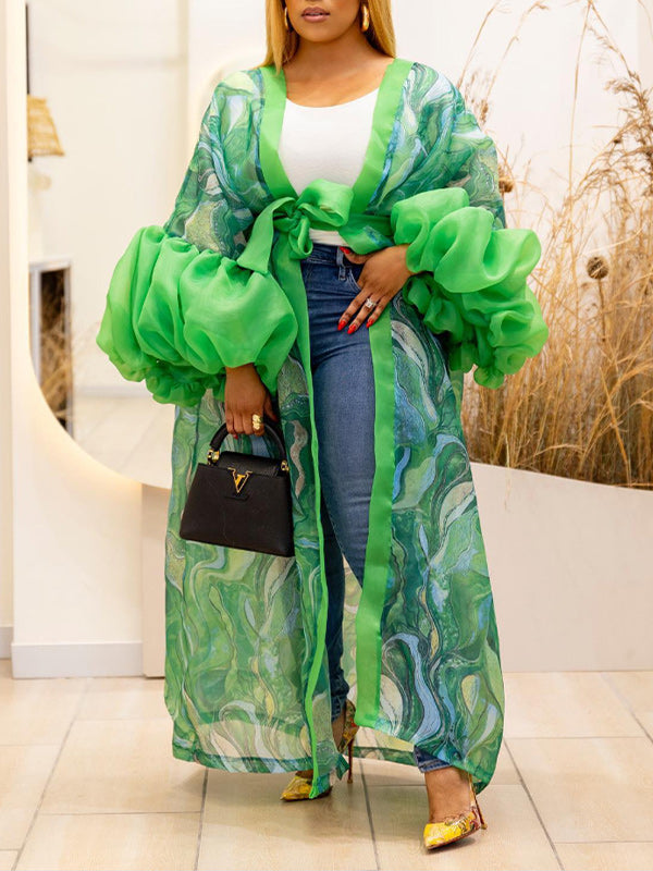 Printed Puff-Sleeve Tied Duster