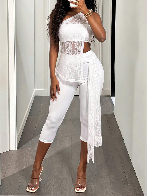Lace-Combo One-Shoulder Top & Capri Pants Set
