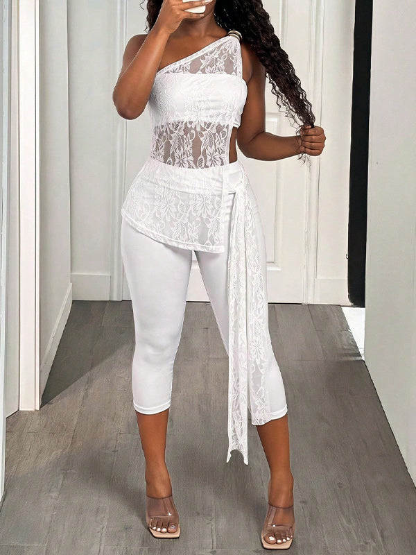Lace-Combo One-Shoulder Top & Capri Pants Set