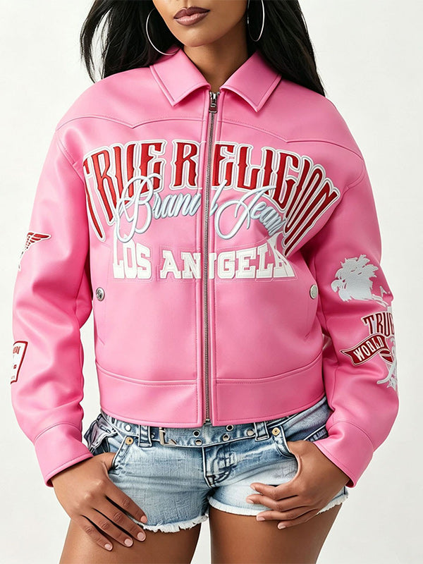 Printed Faux-Leather Zip-Front Jacket