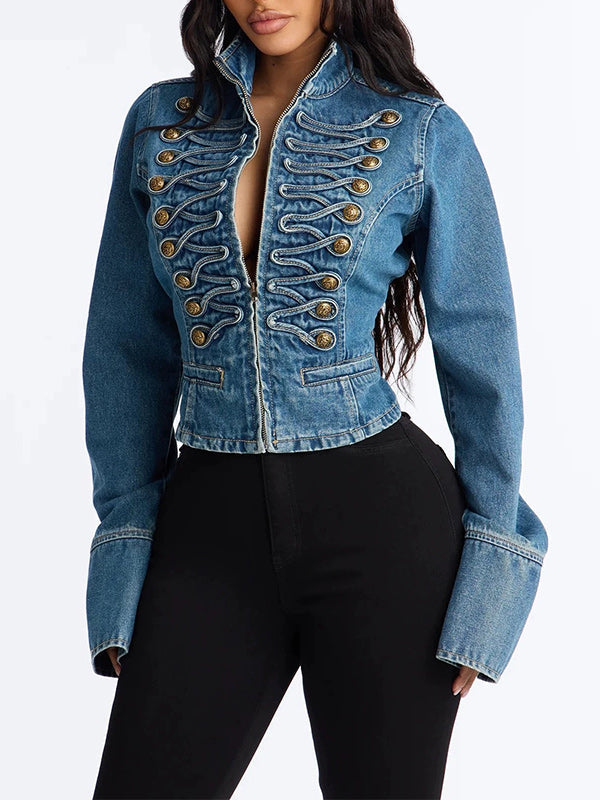 Double-Breasted Zip-Front Denim Jacket