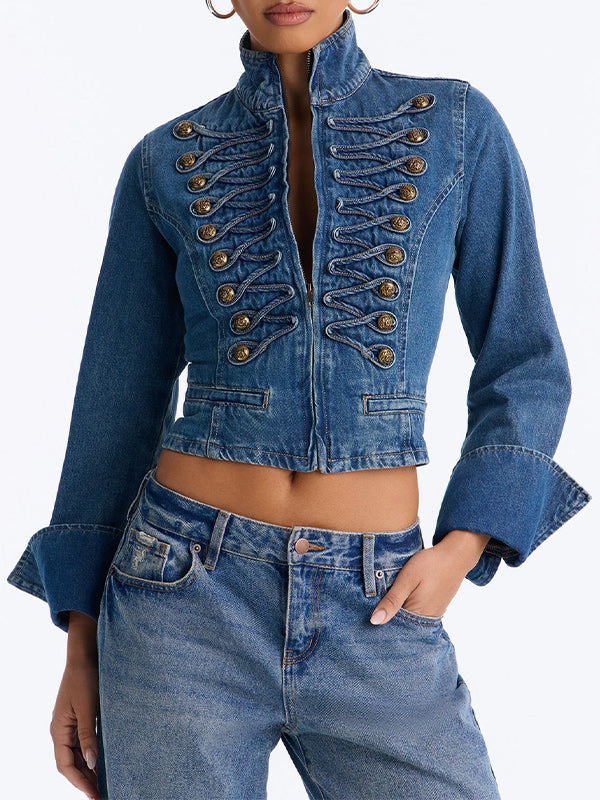 Double-Breasted Zip-Front Denim Jacket