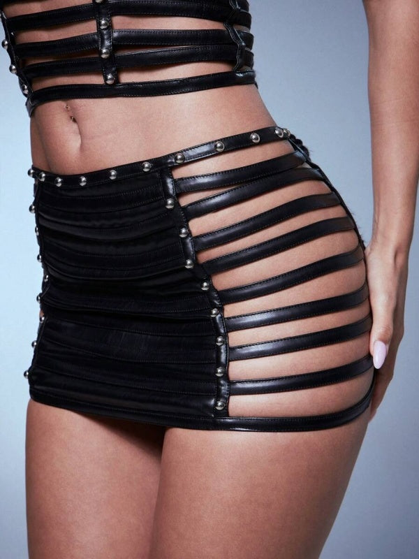Faux-Leather Studded Cutout Skirt