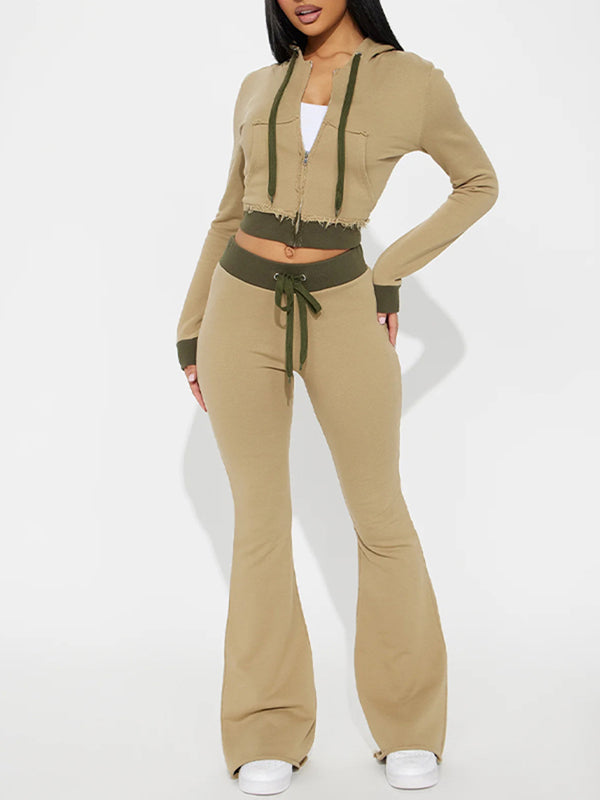 Contrast Zip-Front Hoodie & Pants Set