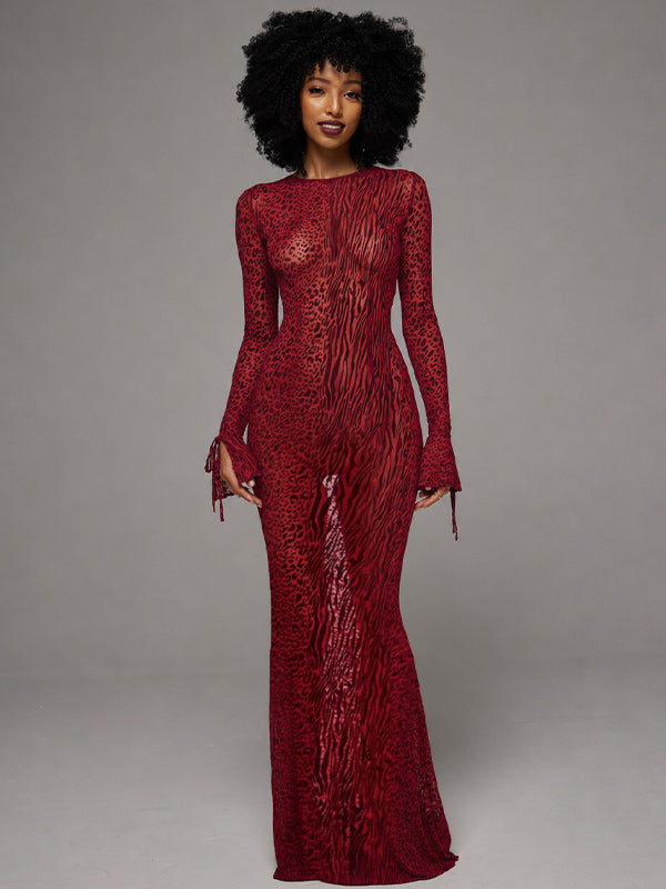 Leopard Open-Back Sheer Maxi Dress