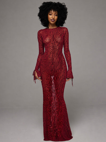 Leopard Open-Back Sheer Maxi Dress