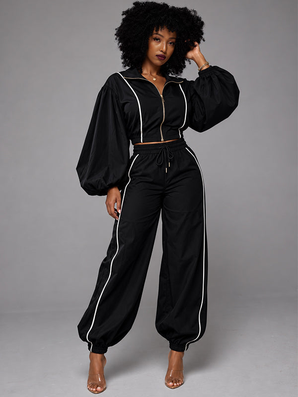 Stripe Puff-Sleeve Jacket & Pants Set