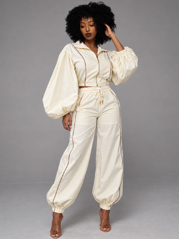 Stripe Puff-Sleeve Jacket & Pants Set