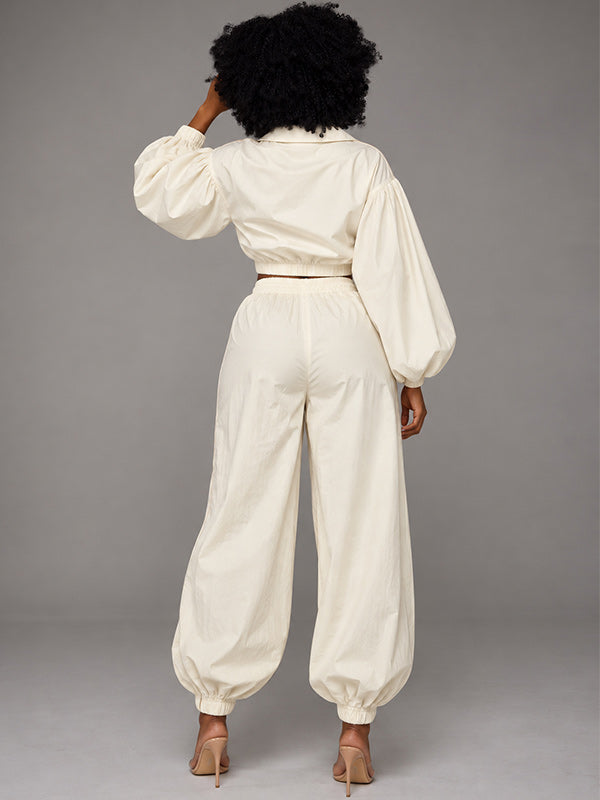 Stripe Puff-Sleeve Jacket & Pants Set